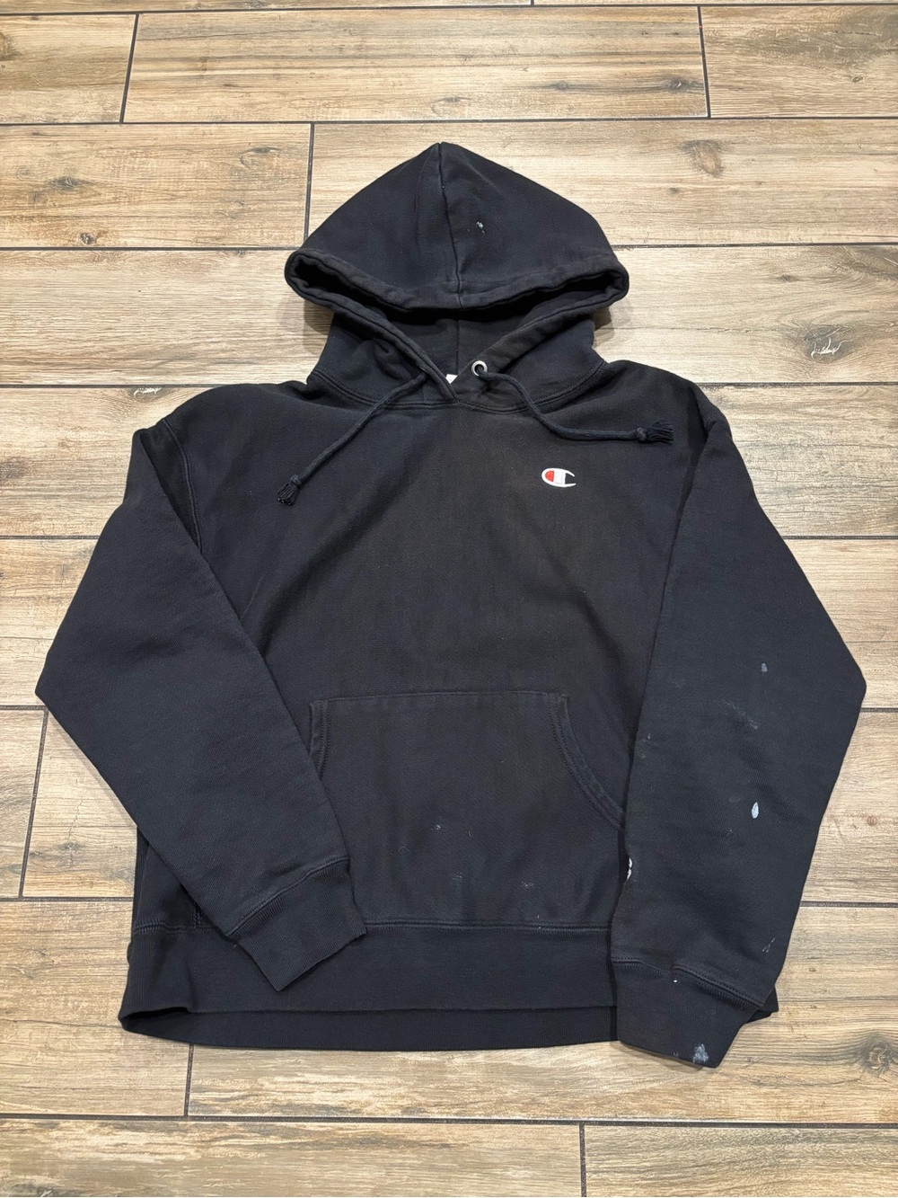 Champion Reverse Weave Black Hoodie Blank Distressed Paint Splatter Womens L